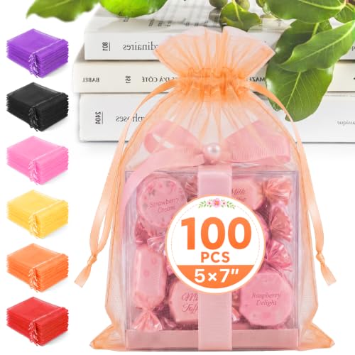ANZNKU 100PCS Organza Bags 5x7 Peach Small Gift Mesh Drawstring Goodie Bag | Party Favor Goody Gift Bag Pouch for Jewelry Candy Treat Soap Sachet, Use for Wedding Birthday Baby Shower Graduation - color: Peach-5"x7"
