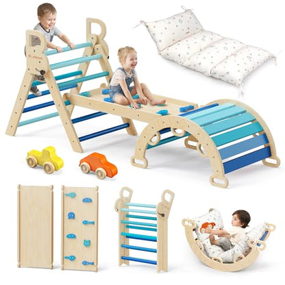 BlueWood Pikler Triangle Set with Cushion, Wooden Climbing Toys for Toddler | Foldable 9-in-1 Montessori Philosophy Toddler Climbing Toys Indoor with Reversible Ramp, Arch and Ladder - Blue - color: Blue
