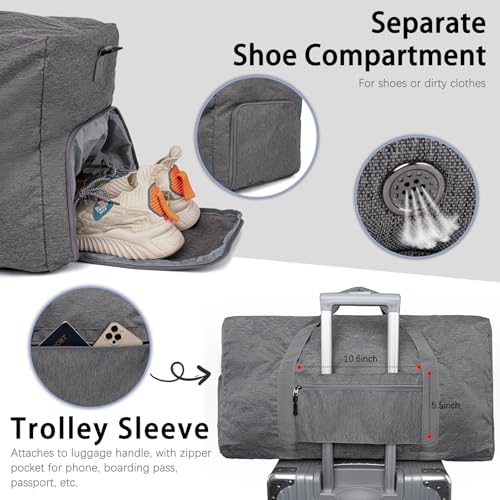 65L Foldable Duffle Bag with Shoe Compartment - Large Travel Duffel Bag for Men & Women, Packable Weekend Bag with Trolley Sleeve, Water-Resistant & Lightweight Gym Bag for Travel, Sports（Grey） - color: Grey
