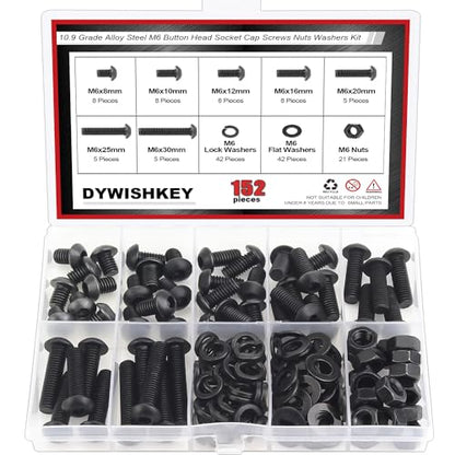 DYWISHKEY 152 Pieces M6 Black Screws, 10.9 Grade Alloy Steel M6x 8/10 /12/16 /20/25 /30mm Button Head Socket Cap Screws Bolts Nuts Washers Assortment Kit - size: M6, style: Button Head Socket Cap