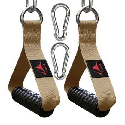 Heavy Duty Gym Exercise Handles Attachment for Cable Machine,Resistance Band,Pulley System Home Fitness Workout Equipment, with Elastic Rubber Grip and 2 Large Carabiners - color: Noble Khaki