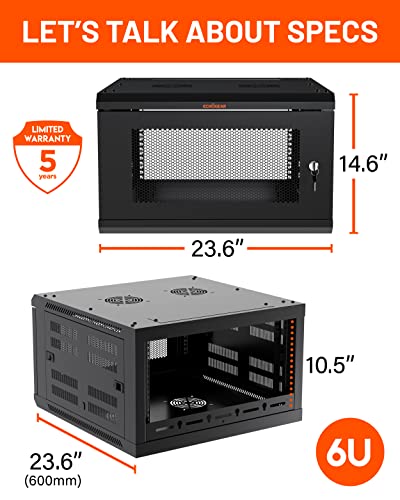 ECHOGEAR 6U Network Rack w/Enclosed Design, Easy Install, 600mm Depth | Enclosed server rack includes pre-mounted fan, 2x 1U shelves, lockable door, wall mountable design, all hardware for install - size: 4.5" x 4.5"