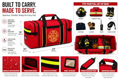 Firefighter Turnout Gear Bag – Heavy Duty Fire Resistant Equipment Duffel with Ventilation Pocket, Reflective Striping, Name Holder & Padded Shoulder Strap – Fireman Gear Bag (Red)