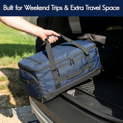 Haimont 60L Foldable Travel Duffel Backpack, Navy Blue | Shoe Compartment, Stowable Straps, U-Shaped Opening, Water-Resistant Build - color: Navy Blue