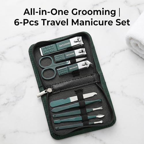 Manicure Kit for Women, 6Pcs Stainless Steel Nail Clippers Set Travel Nail Kit with Dark Green Zipper Case, Portable Manicure Set for Men and Women Personal Grooming and Home Care Daily Use