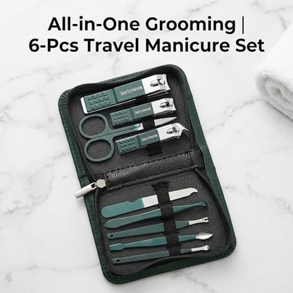 Manicure Kit for Women, 6Pcs Stainless Steel Nail Clippers Set Travel Nail Kit with Dark Green Zipper Case, Portable Manicure Set for Men and Women Personal Grooming and Home Care Daily Use