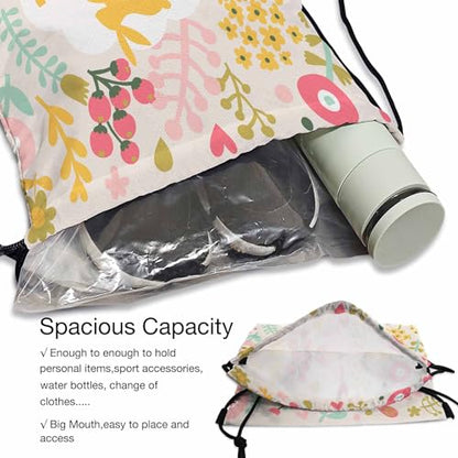 Drawstring Backpack Happy Easter Lightweight Gym Backpack Surrounding by Rabbits Pink Yellow Flower Red Berry Green Leaf for Women Men 14x16.9 Inch - color: Rabbits
