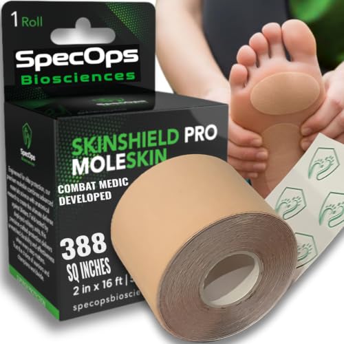 SpecOps Biosciences Ultra-Thin Athletic Moleskin 16 ft Roll | Reduces Blister-Causing Shear Force. Veteran Owned Small Business - color: Tan