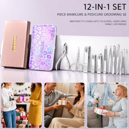 Manicure Set, Stainless Steel Nail Clipper Set with Travel Case | 12-Piece Set with Thicker Steel, Precision-ground Cutting Edges, and Smooth-finished Tools for Clean, Precise Trimming. - color: Silver and Purple