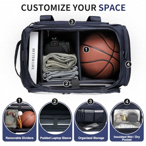 38L Convertible Duffel Backpack, 3 in 1 Gym Bag with Laptop Sleeve, Wet Pockets & Insulated Bottom, Navy Blue - color: Navy Blue, size: 38L
