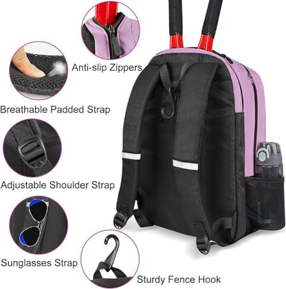 Ytonet Tennis Bag Tennis Backpack for Women Men 2 Rackets | Insulated Pocket and Ventilated Shoe Compartment, Gym Bags with Fence Hook for Pickleball and Badminton Rackets - color: Purple