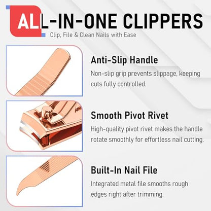 firiKer Nail Clipper Set, Sturdy Stainless Steel Fingernails & Toenails Clippers & Nail File, Sharp Effortless Fingernail Toenail Trimmer, Portable Nail Cutter for Women Men（Rose Gold） - color: Rose Gold