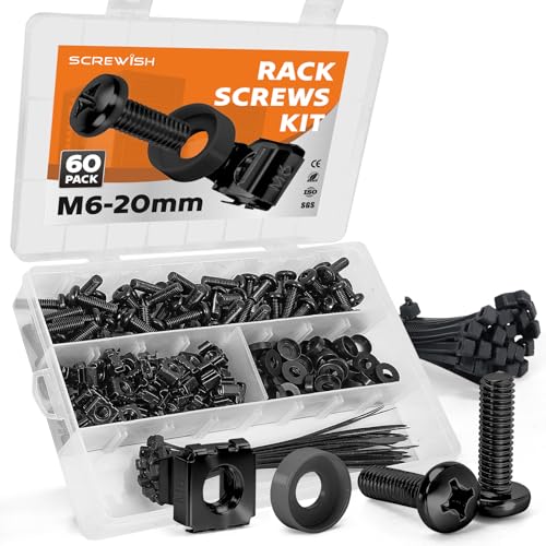 60 Pack M6 x 20mm Rack Screws Kit（Black）, Cage Nuts, Washers and Cable Ties, Organizer Case with Dividers for Server Racks and Network Cabinets - color: Black, size: M6x20mm