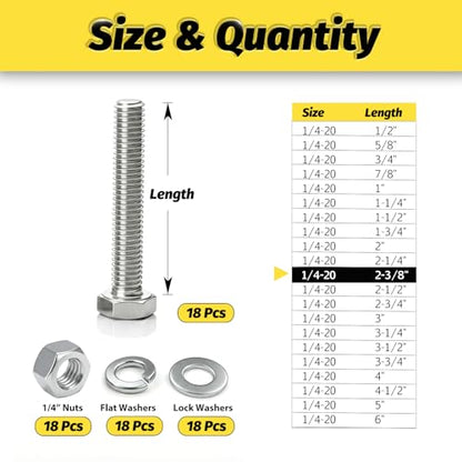（18 Sets 1/4-20x2-3/8 Hex Bolt,Nut, Flat Washer & Split Lock Washer Assortment Kit,72Pcs 304 Stainless Steel SAE Fastener Set,Ideal for Mechanical Assembly, Equipment Repair and DIY Projects - size: 1/4-20x2-3/8" 18sets