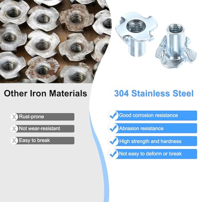 M METERXITY 50-Pack 1/4-UNC T-nut, 9/16" Barrel Length Carbon Steel 4-Pronged Tee Nut Threaded Insert for Wood/Rock Climbing Holds/Furniture, Corrosion Resistant Fasteners - size: 1/4-UNC, 9/16" Barrel Length