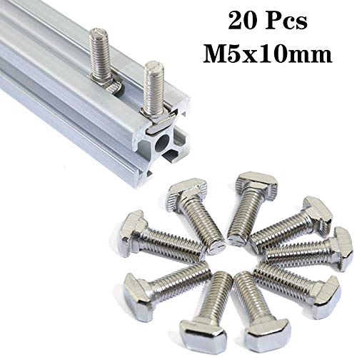 20 Pcs M5 x 10mm Thread T Slot Drop-in Bolt T-Bolt Hammer Head Bolt T Screw Stud for 2020 Series Standard 6mm T-Slot Aluminum Extrusion Profile (2020 Series) - size: 20-M5x10mm