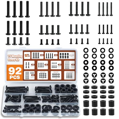 92PCS TV Mounting Hardware Screw Kit, M4 M5 M6 M8 Screws | Includes Spacers and Washers for Most TV / Monitor VESA Mount, TV Mount Replacement Screws with Box up to 80", Black
