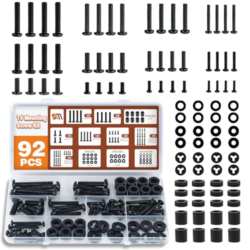 92PCS TV Mounting Hardware Screw Kit, M4 M5 M6 M8 Screws | Includes Spacers and Washers for Most TV / Monitor VESA Mount, TV Mount Replacement Screws with Box up to 80", Black