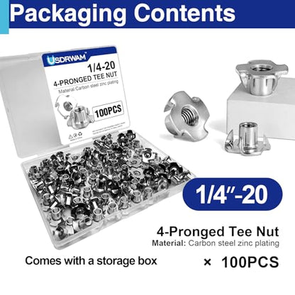 100PCS 1/4"-20 T Nuts for Wood, Zinc-Plated 4-Prong Tee Nuts | Carbon steel construction, Hammer-in installation design - style: 100 PCS 1/4"-20 Size