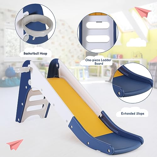 Toddler Indoor Slide, Foldable Baby Climber Playset with Basketball & Hoop | 63 in Extra Long Slope, Non-Slip Steps, Sturdy Plastic, Outdoor Playground for Backyard, Home & Playroom Use, Dark Blue - color: Dark Blue