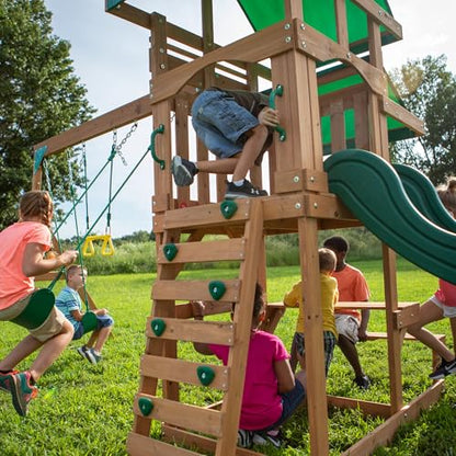 Backyard Discovery Belmont Cedar Wood Swing Set with Wave Slide, Play Deck, Rock Wall Ladder, Snack Bar Window, Shaded Picnic Area, Bench, Belt Swings, Trapeze, Sandbox Area, Canopy, Outdoor Playset - color: Green