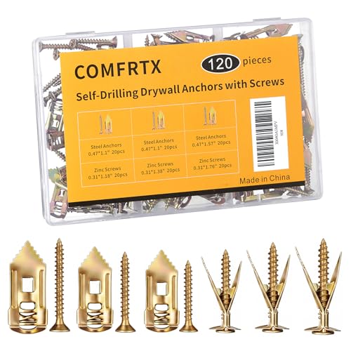 3 Sizes Self Drilling Drywall Anchors with Screws Kit – 120PCS Heavy Duty Metal Expansion Bolts, Sheetrock Anchors & Drywall Grip Anchors and Screws for Shelf, Mirror, Cabinet, Picture Frames