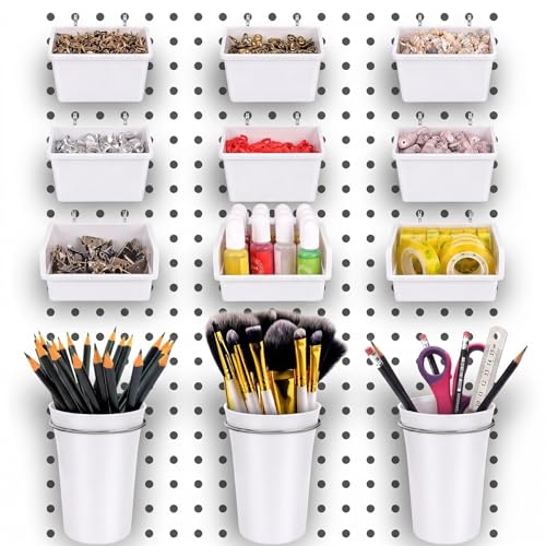 Pegboard Bins Cups with Hooks & Loops 12 Pack Peg Board Organizer (White) | 1/8" 1/4" Pegboard Accessories Organizers, Mixed Assortment, Plastic Tool Sorters for Nail Screw Fastener Bolt Small Parts - color: White