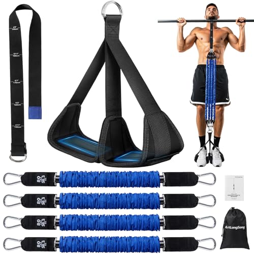 ALongSong Pull Up Assistance Bands with Foot Support Pedal - Upgraded Heavy Duty Resistance Bands Adjustable Weight/Height with 80Lbs Bands&Measured Strap for Strength Training Home Gym - color: Blue, size: 4 Bands with 80lbs