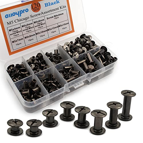 120Pcs Black Chicago Screws Assorted Kit 8Size Gun Metal Leather Rivets 3/16" Screw Rivet Phillip Head Book Binding Posts Nail Rivet Chicago Bolt for DIY Leather Craft (M5x4/5/6/7/8/10/12/15) - size: Gun Metal-4,5,6,7,8,10,12,15