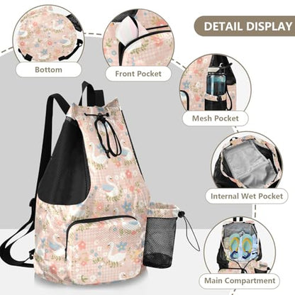 Drawstring Bags For Men Women Climbing Gym Bag With Inside Pockets Cinch Bags Waterproof Peach Spring Plaids Swan