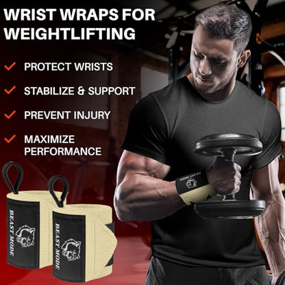TECEUM Weightlifting 18" & 12" Wrist Wraps with Thumb Loop – Heavy Duty Wrist Workout Braces for Men and Women – Ideal for Powerlifting, Strength Training, Bodybuilding - color: Beige, style: 18" – Arms on Fire
