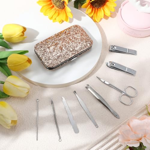 Geosar 12 Set 8 in 1 Manicure Kit Gifts Stainless Steel Nail Clippers Set Pedicure Care Tools with Leather Case Travel Portable Grooming Kit for Women Men Nurse Hands Foot(Glitter Rose Gold) - color: Glitter Rose Gold