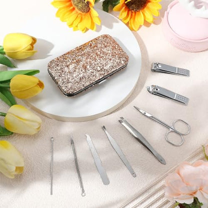 Geosar 12 Set 8 in 1 Manicure Kit Gifts Stainless Steel Nail Clippers Set Pedicure Care Tools with Leather Case Travel Portable Grooming Kit for Women Men Nurse Hands Foot(Glitter Rose Gold) - color: Glitter Rose Gold
