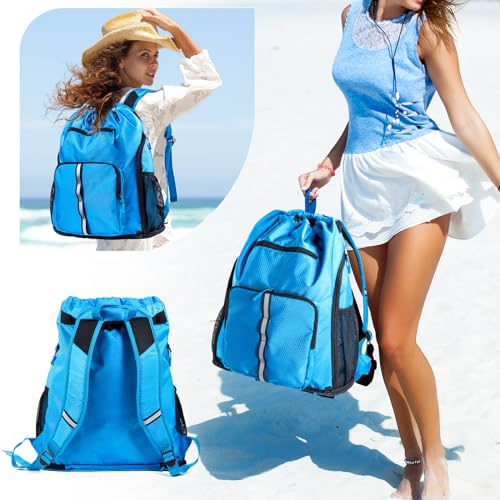 Large Beach Backpack Waterproof Sandproof - Customized Oversized Drawstring Pool Bag with Shoe Compartment for Toiletries, Towels, Gym, Travel - color: Blue, size: Large