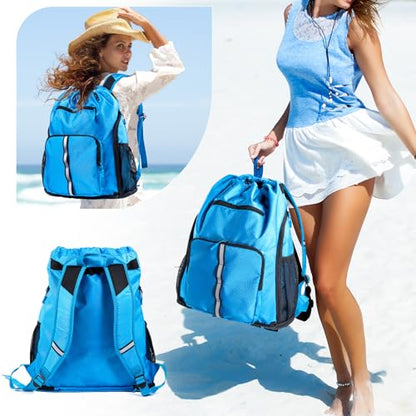 Large Beach Backpack Waterproof Sandproof - Customized Oversized Drawstring Pool Bag with Shoe Compartment for Toiletries, Towels, Gym, Travel - color: Blue, size: Large