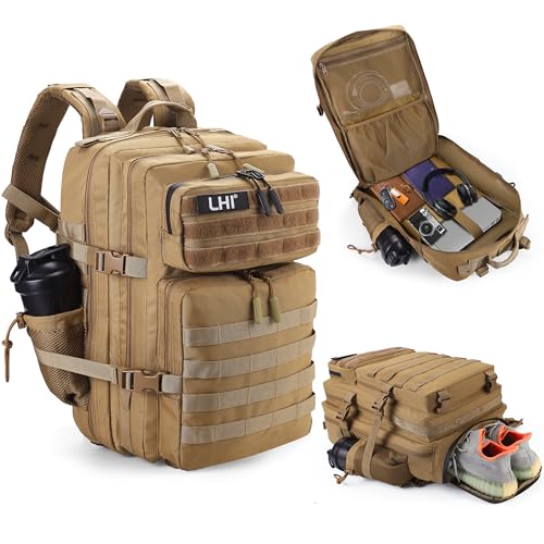 LHI Military Tactical Backpack for Men and Women 45L Army 3 Days Assault Pack Bag Large Rucksack with Shoe Compartment - color: 1.1 Khaki