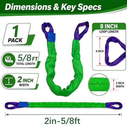 2" x 5' Lifting Slings Straps Polyester Heavy Duty Web Slings 4400 Lbs Vertical, 3520 Lbs Choker, 8800 Lbs Basket (Green/Purple) - size: 2 Inch x 5 Feet