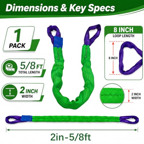 2" x 8' Lifting Sling Straps Polyester Web Slings 4400 Lbs Vertical, 3520 Lbs Choker, 8800 Lbs Basket (Green/Purple) - size: 2 Inch x 8 Feet
