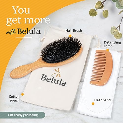 100% Boar Bristle Hair Brush for Women Set by Belula (L Size). Soft Natural Bristles for Thin and Fine Hair. Wooden Comb, Travel Bag and Spa Headband Included! - size: Large