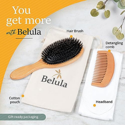 100% Boar Bristle Hair Brush for Women Set by Belula (L Size). Soft Natural Bristles for Thin and Fine Hair. Wooden Comb, Travel Bag and Spa Headband Included! - size: Large