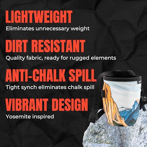 Yosemite Rock Climbing Chalk Bag | for Outdoor, Gym, & Bouldering | Adjustable Waist Belt, Durable Drawstring Closure, & Zippered Pocket