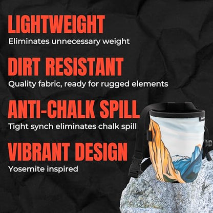 Yosemite Rock Climbing Chalk Bag | for Outdoor, Gym, & Bouldering | Adjustable Waist Belt, Durable Drawstring Closure, & Zippered Pocket