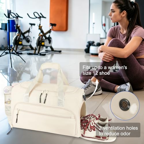 Gym Bag for Men Women, Sports Duffle Bag with Wet Pocket & Shoes Compartment, Water Resistant Overnight Weekender Bag Duffel Bag - color: Beige