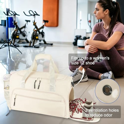 Gym Bag for Men Women, Sports Duffle Bag with Wet Pocket & Shoes Compartment, Water Resistant Overnight Weekender Bag Duffel Bag - color: Beige