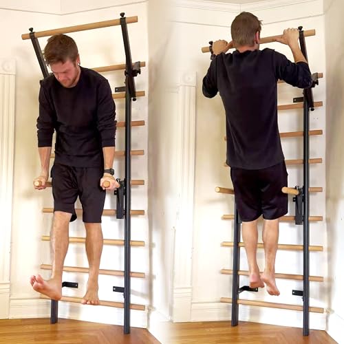 Stall Bars, Swedish Ladder for Adult and Kids, Wall Bar with Solid Beech Wood Rods, Durable Steel Frame, Adjustable Pull Up and Dip for Strength, Flexibility at Home Gym, Studio - color: Black