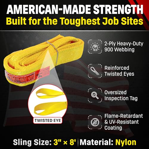 DD Sling 3 Inch x 8 Foot Nylon Lifting Sling – USA Made, 8,900 lb Vertical, 7,200 lb Choker, 17,800 lb Basket – 2-Ply Heavy Duty 900 Webbing, Type 4 Twisted Eye & Eye Rigging Sling - size: 3" x 8'