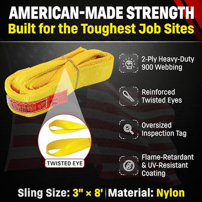 DD Sling 3 Inch x 8 Foot Nylon Lifting Sling – USA Made, 8,900 lb Vertical, 7,200 lb Choker, 17,800 lb Basket – 2-Ply Heavy Duty 900 Webbing, Type 4 Twisted Eye & Eye Rigging Sling - size: 3" x 8'