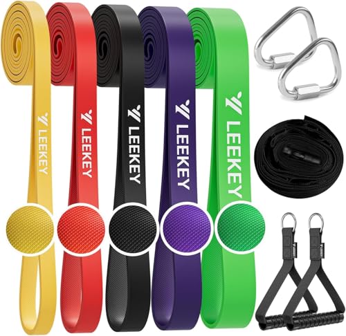 LEEKEY Pull Up Assistance Bands,5-125LB Resistance Bands with Grip、Door Anchor、Gym Bag - Exercise Bands for Full-Body Training, Fitness, Physical Therapy -USA Original Patent - style: 5-125LBS COLOR+Handle+Door Anchor Belt