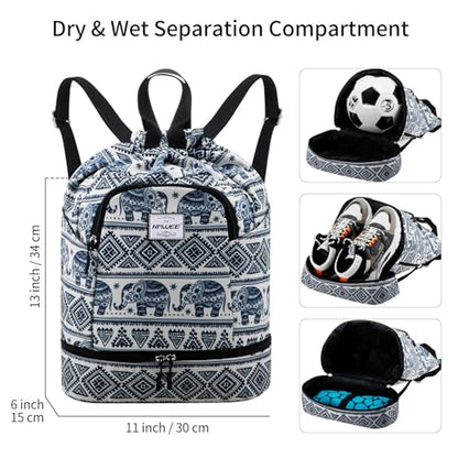 Dry Wet Drawstring Backpack with Shoe Compartment for Women Adjustable Gym Bag - color: Elephant