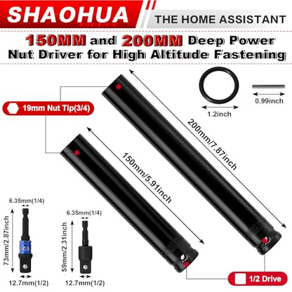 3/4"(19mm) Nut Driver 6" & 8", Deep Nut Runner Hollow Socket with 1/4" Hex Shank Adapter, 1/2" Drive 3/4 Socket for Ceiling Long Threaded Rod Bolts, Ductwork, 2 Lengths for Overhead Fastening - size: B. 3/4(19mm) 6" 8"